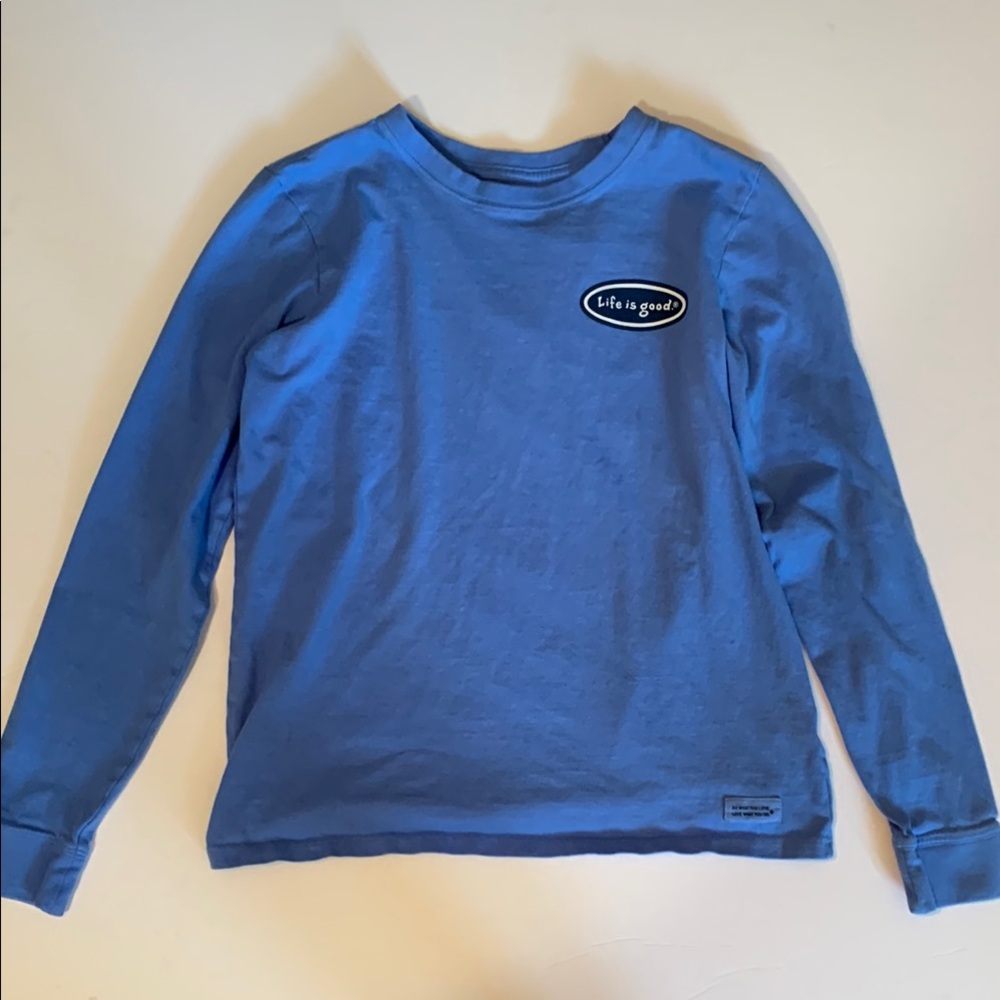 Life Is Good Blue women’s small Long Sleeve Tee dog with lacrosse stick